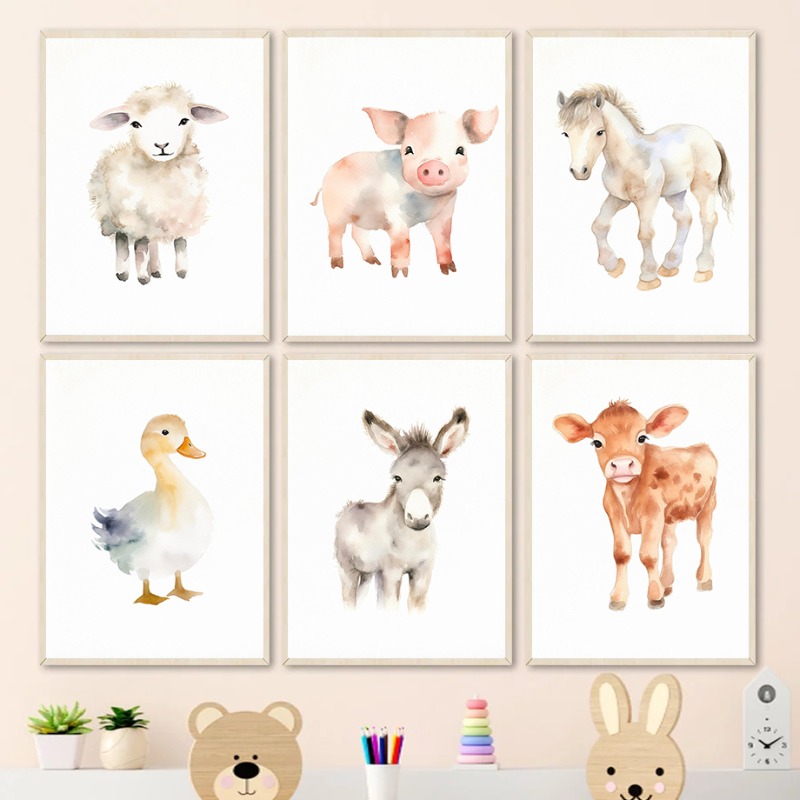 Agriculture Vertical Farming - Watercolor Farm Animals Baby Horse Ducks